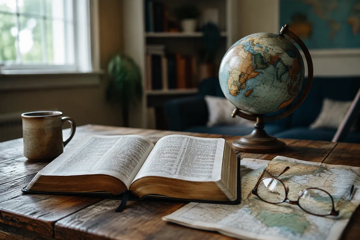 Open Bible and Globe on Wooden Table