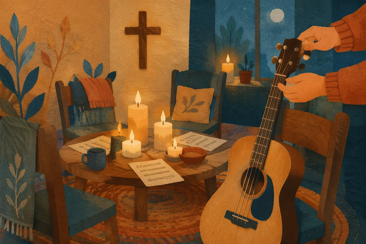 Intimate Worship Room with Candles and Guitar