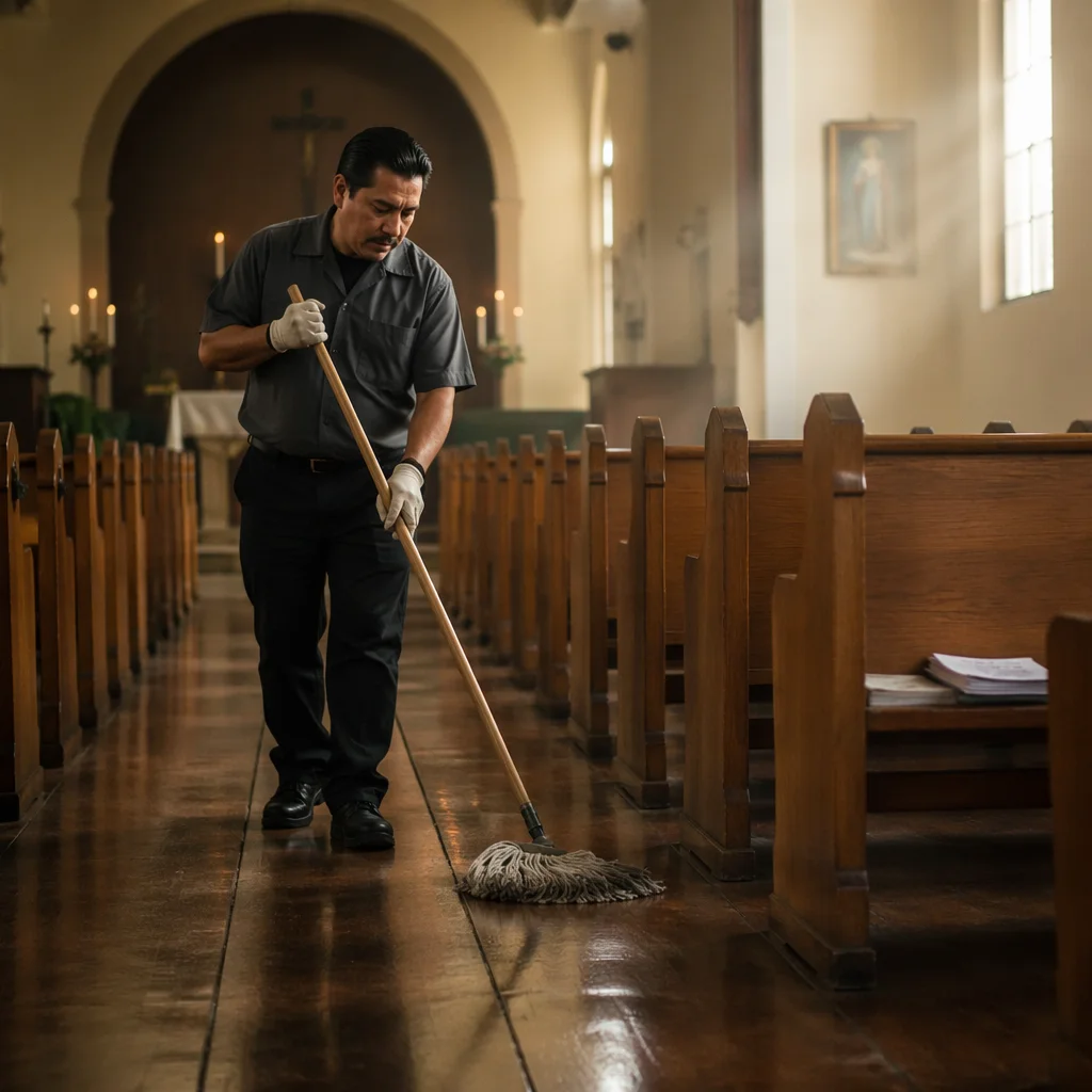 Janitor Mopping Church Sanctuary Aisle