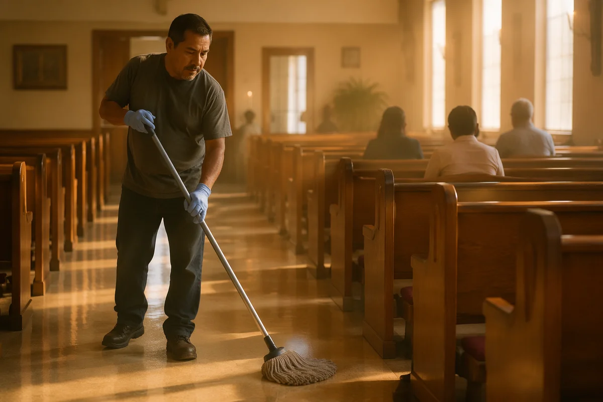 Janitor Mopping Church Sanctuary Aisle at Sunrise