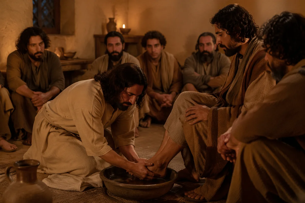 Man Washing Feet in Biblical Interior