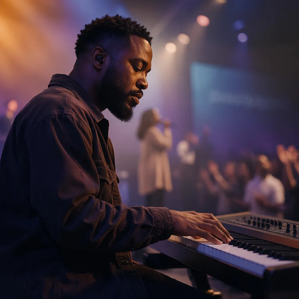 Keyboard Player on Softly Lit Church Stage