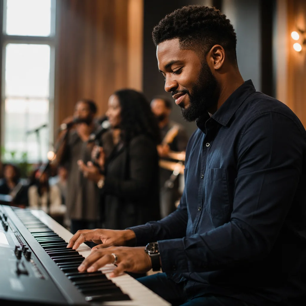 Keyboard Player Leading Worship on Church Stage