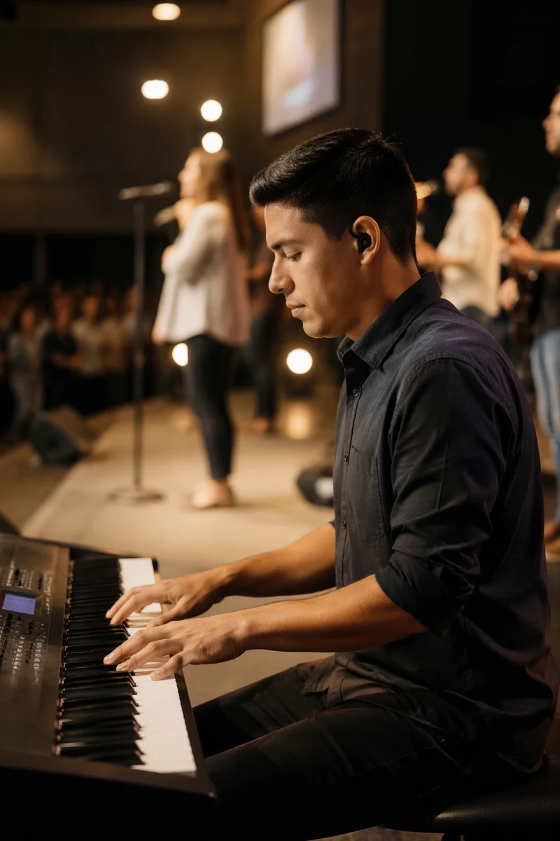 Keyboard Player Leading Worship During Church Service