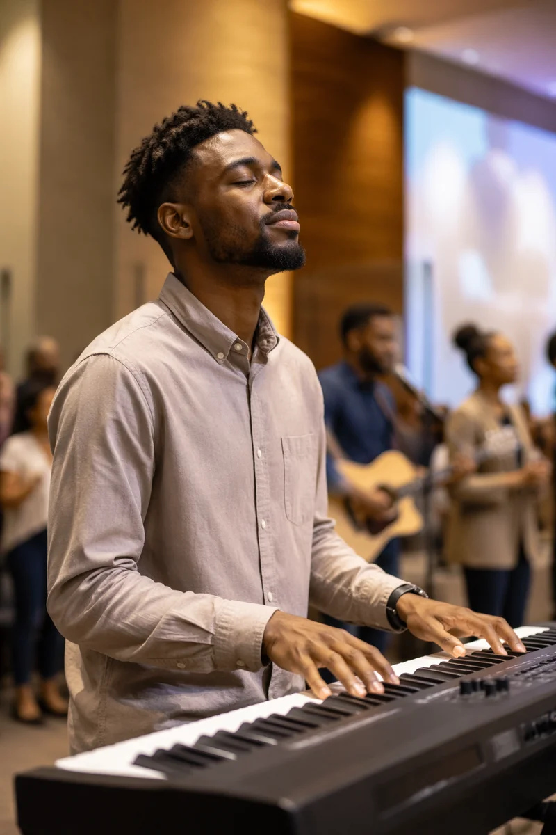 Keyboard Player Leading Worship During Church Service