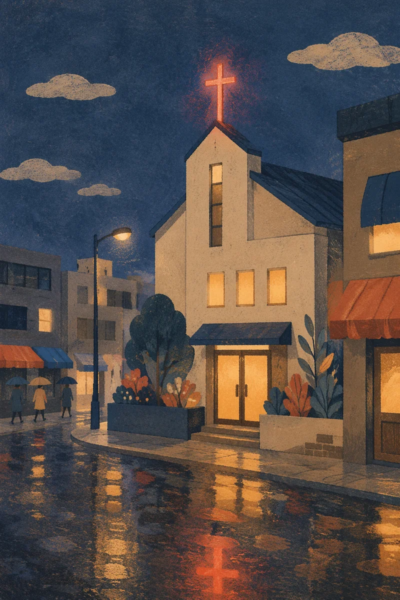 Korean Urban Church Cross at Night