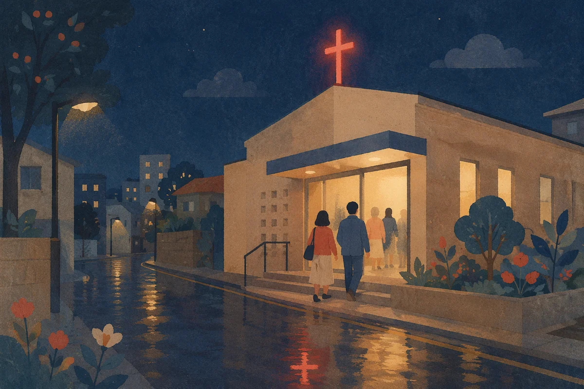 Korean Church Cross Glowing on Rainy Night