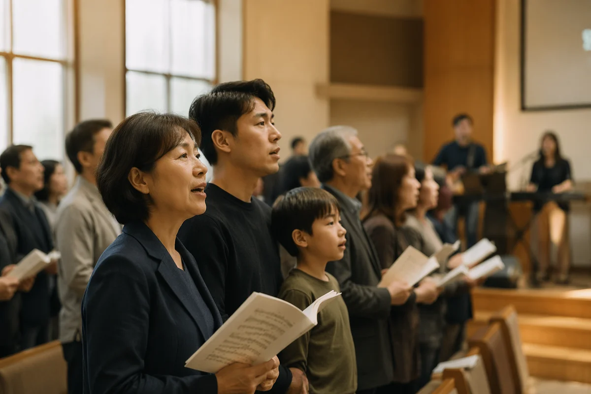Korean Congregation Singing in Church Sanctuary