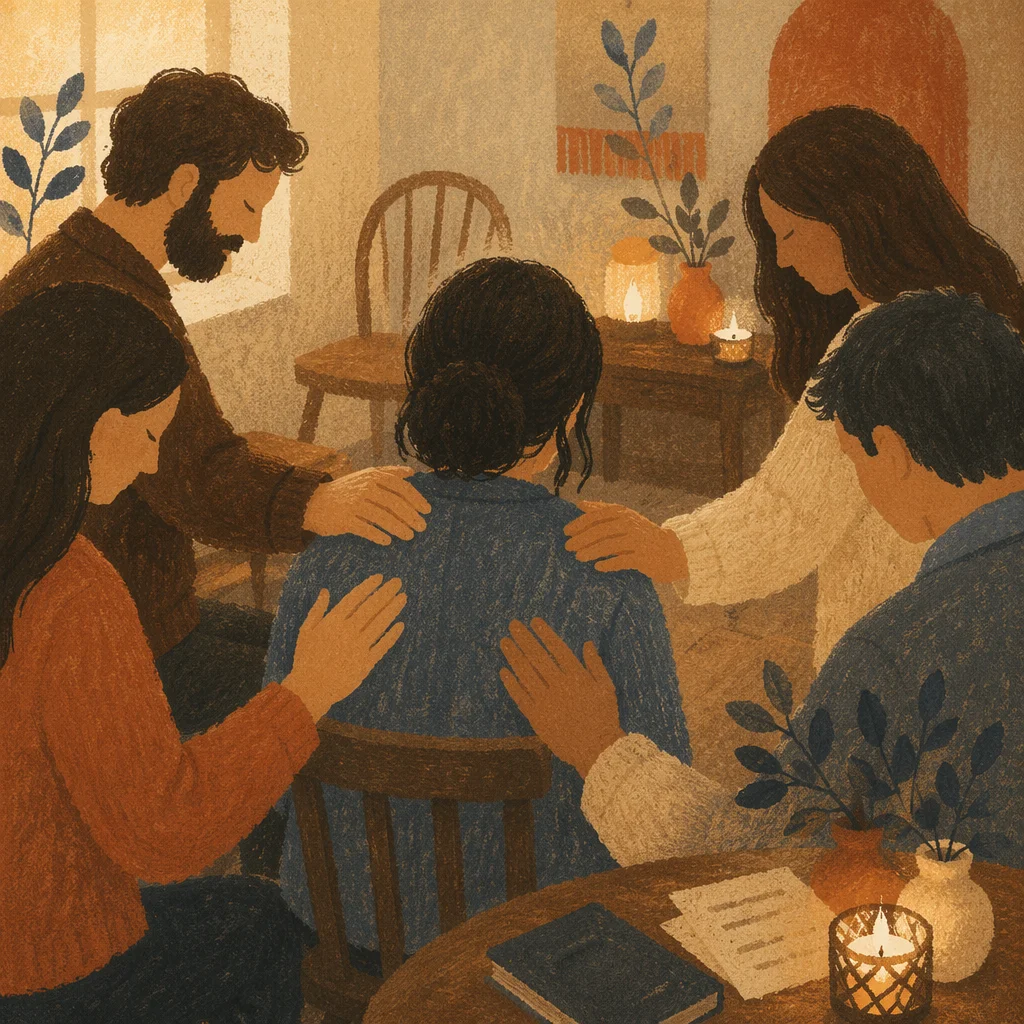 Laying Hands Prayer Ministry in Warm Church Room