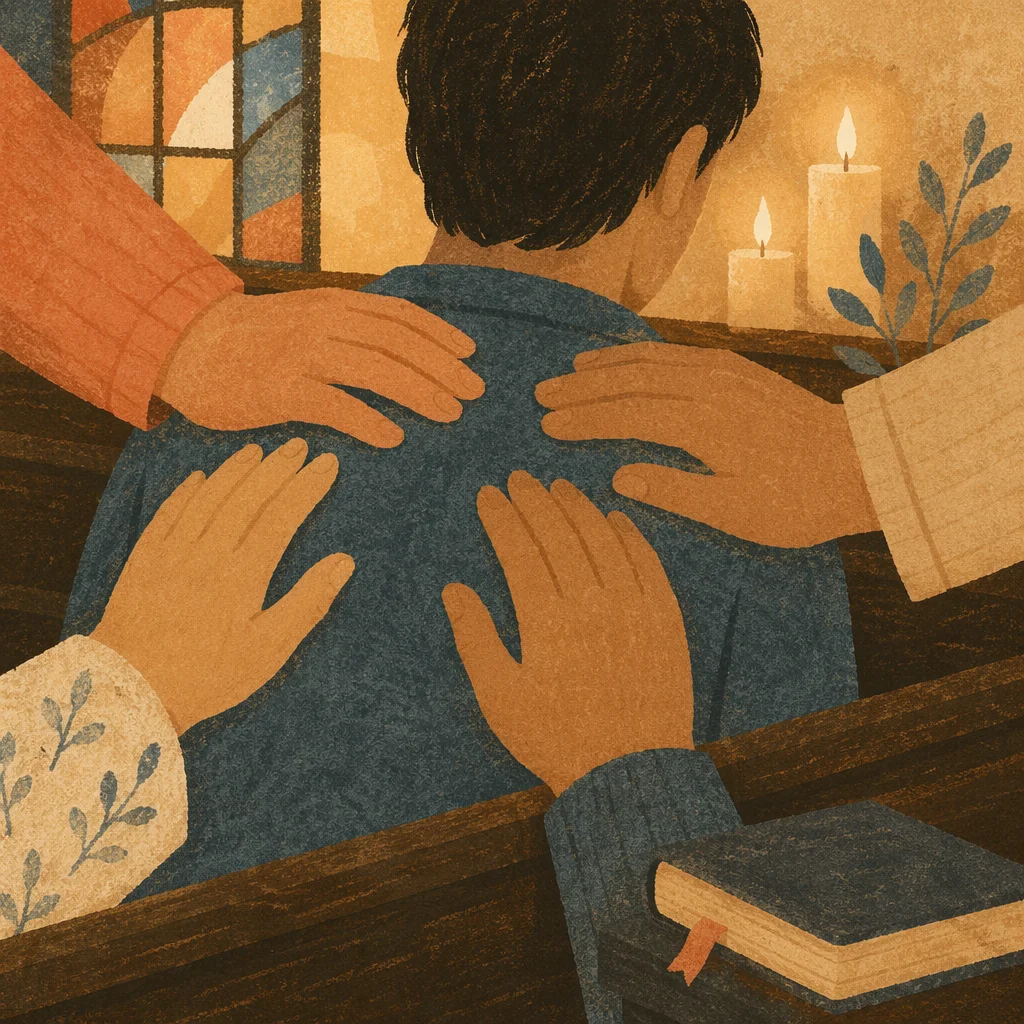Laying Hands Prayer in Warm Church Light