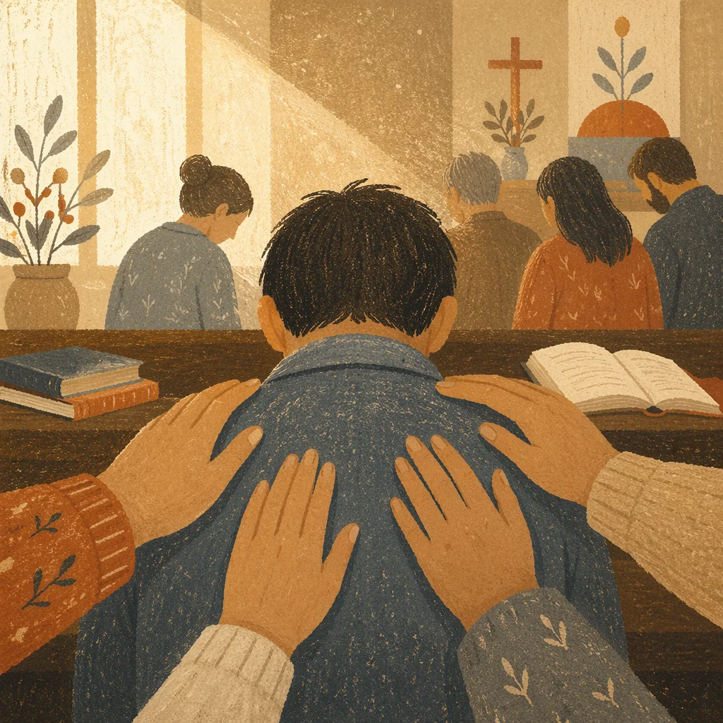 Laying Hands Prayer in Wooden Chapel