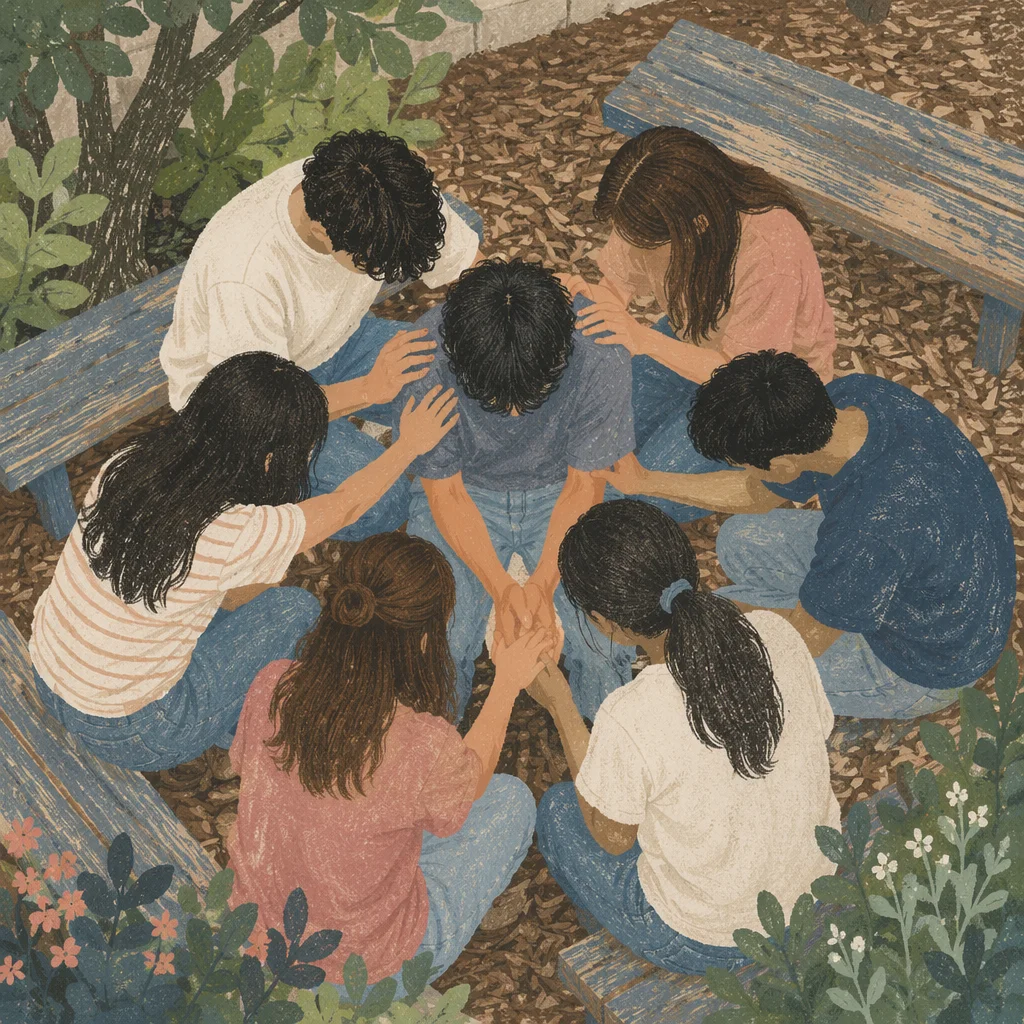 Youth Prayer Circle Laying Hands Outdoors