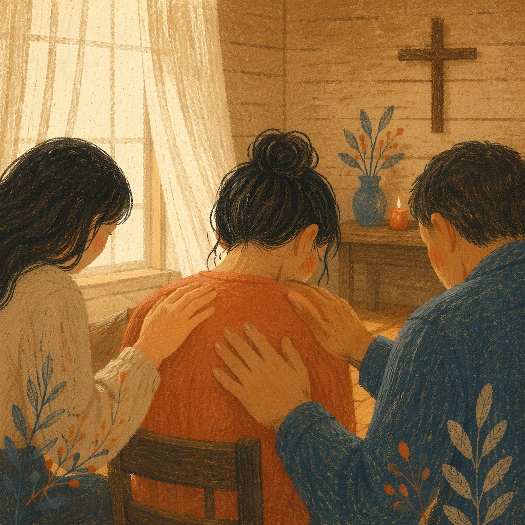 Laying Hands Prayer in Wooden Chapel