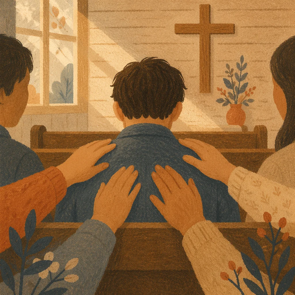 Laying Hands Prayer in Wooden Chapel