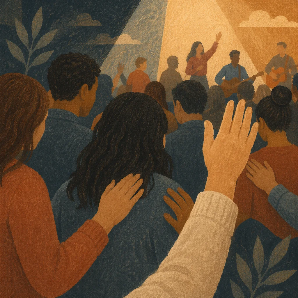 Laying Hands Prayer Ministry in Warm Church Light