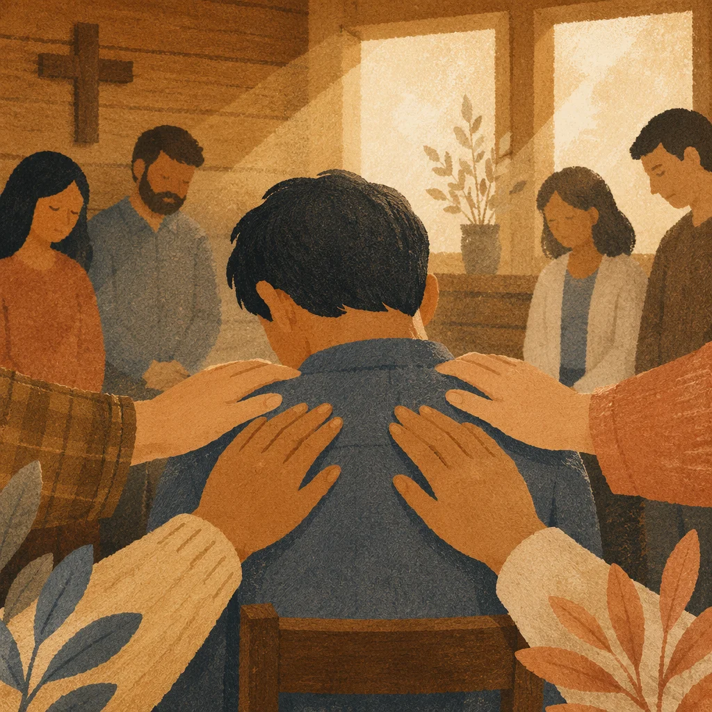 Laying Hands Prayer in Wooden Chapel