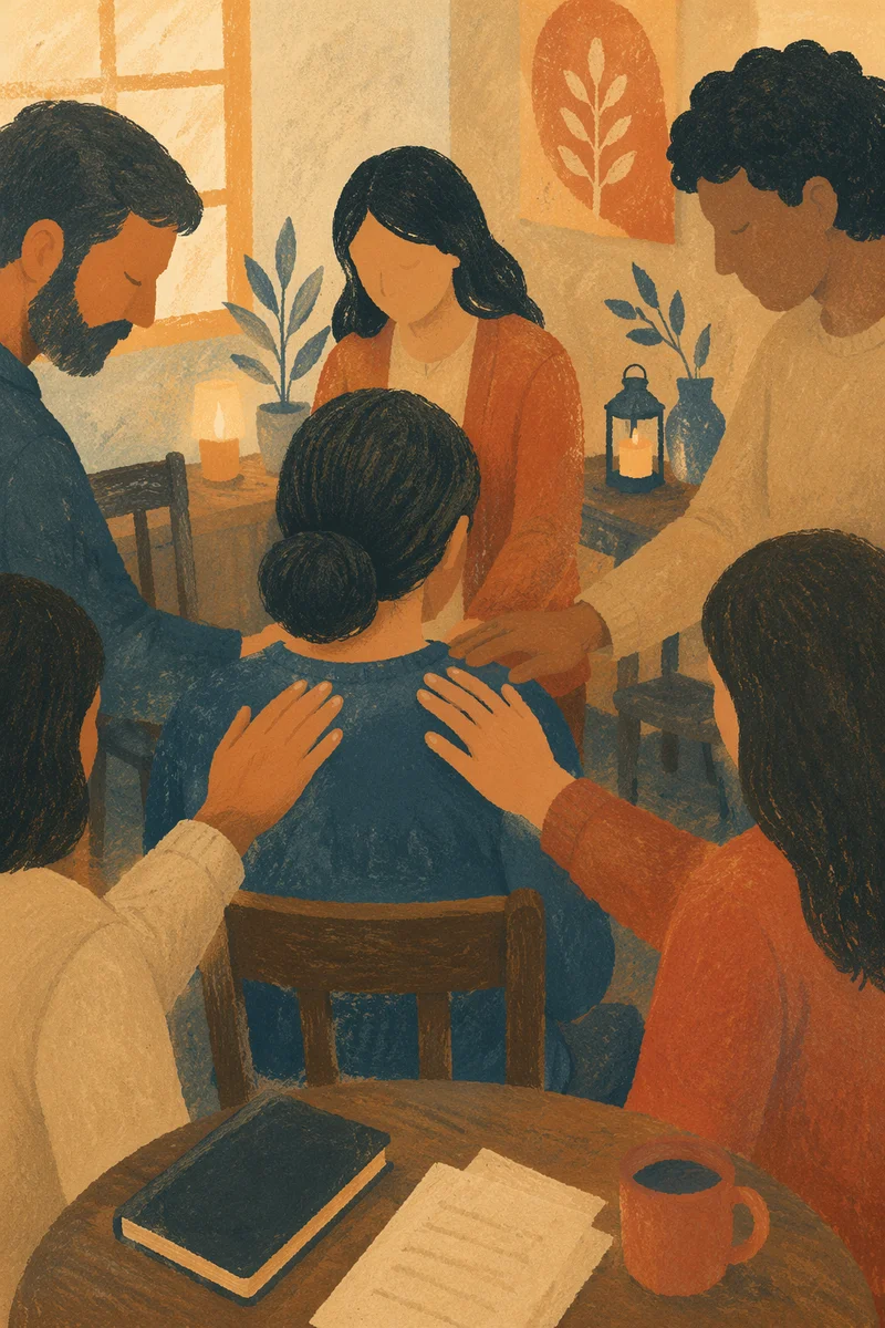Laying Hands Prayer in Warm Church Room