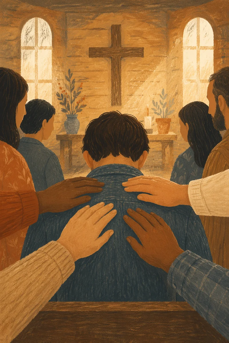 Laying Hands Prayer in Wooden Chapel