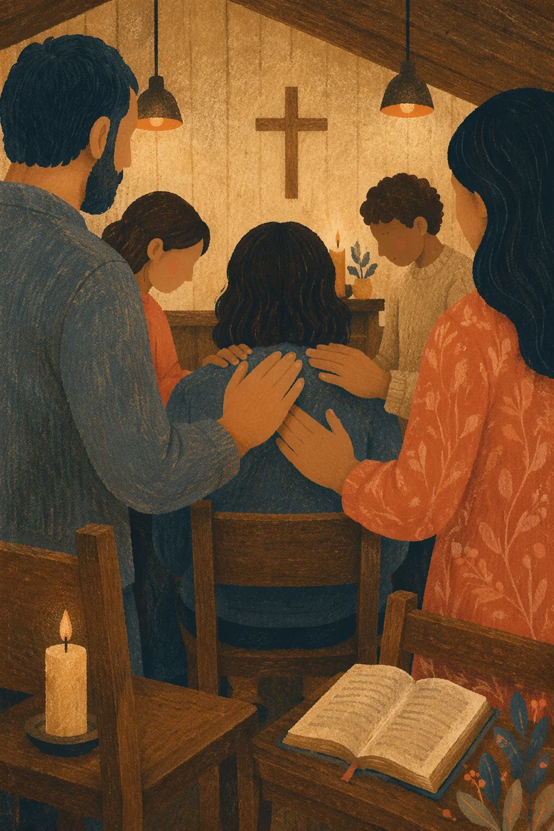 Laying Hands Prayer in Wooden Church Hall