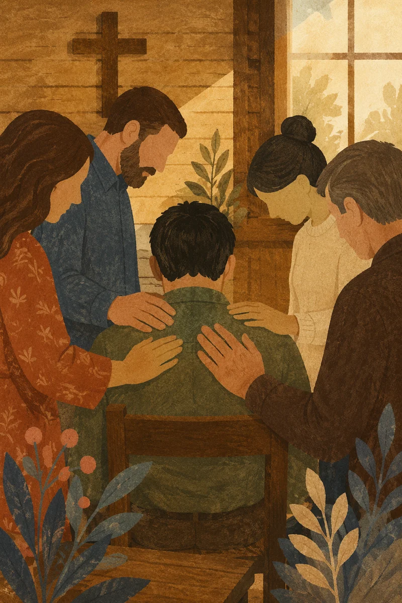 Laying Hands Prayer in Wooden Church Room