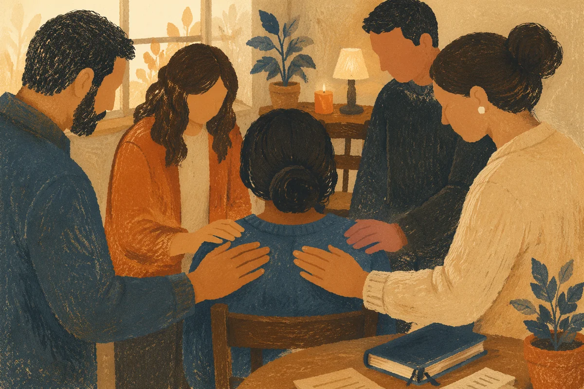 Laying Hands Prayer Ministry in Warm Church Room