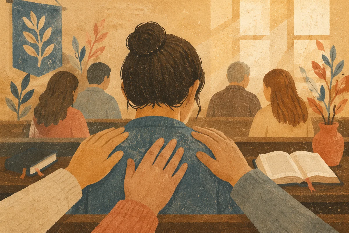 Laying Hands Prayer in Wooden Chapel