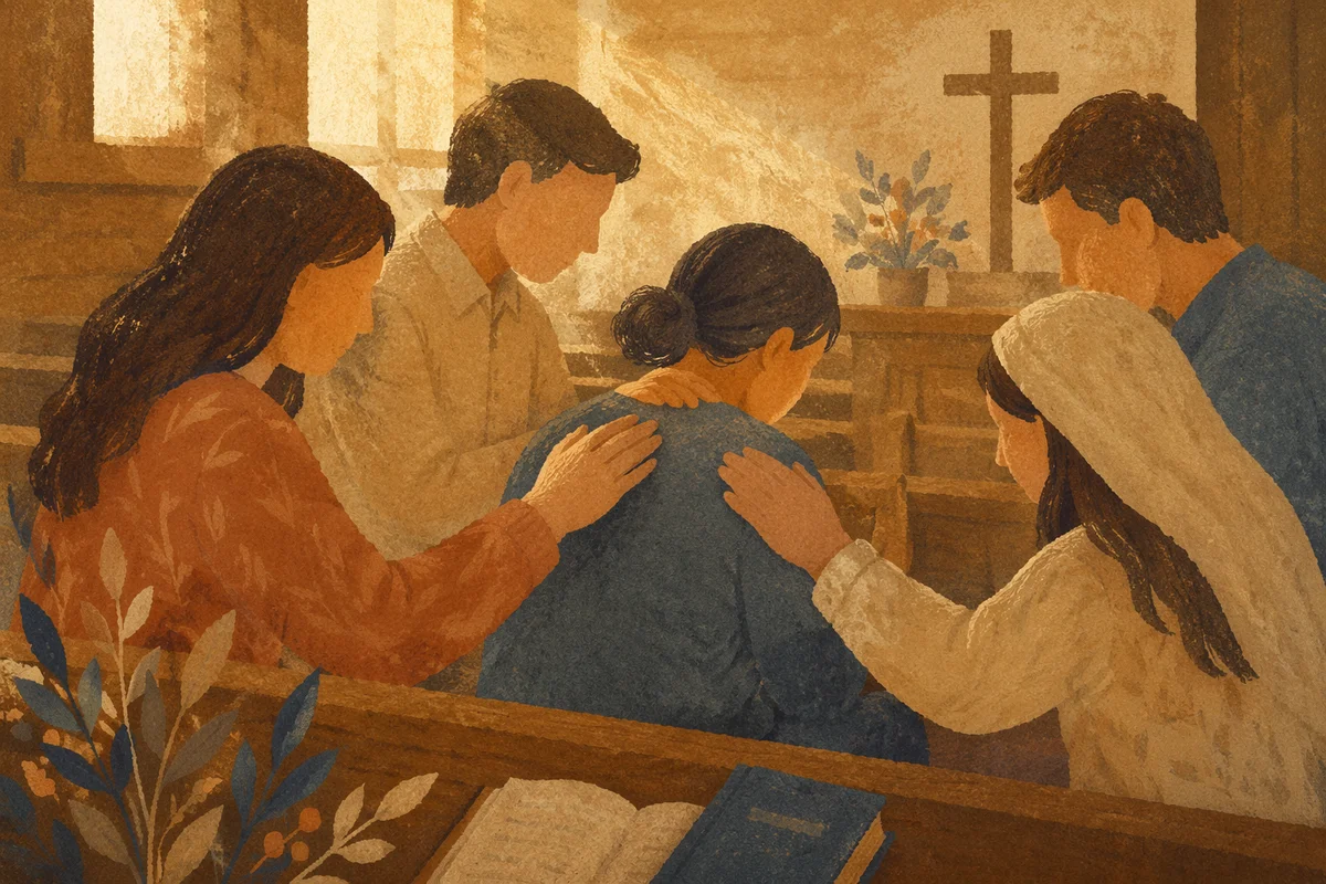 Laying Hands Prayer in Wooden Chapel