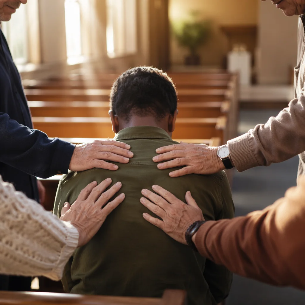 Laying Hands Prayer in Warm Church Sanctuary