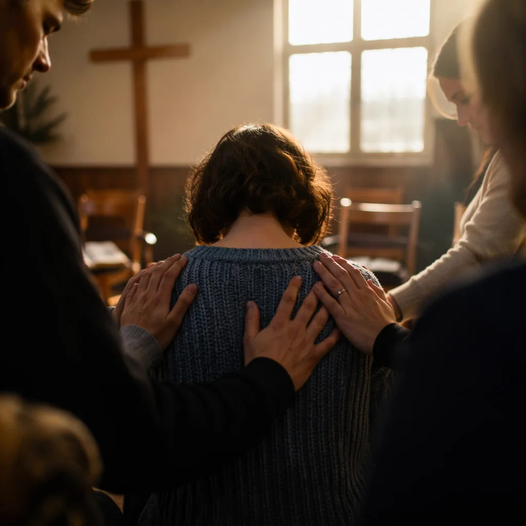 Laying Hands Prayer in Wooden Chapel