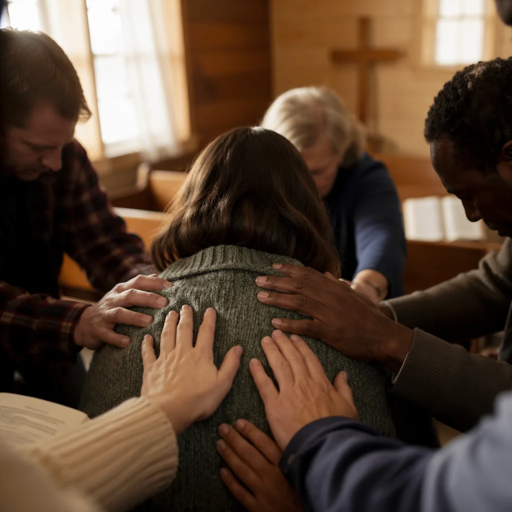 Laying Hands Prayer in Wooden Chapel