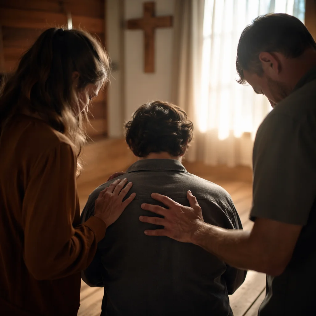 Tender Laying Hands Prayer in Wooden Chapel