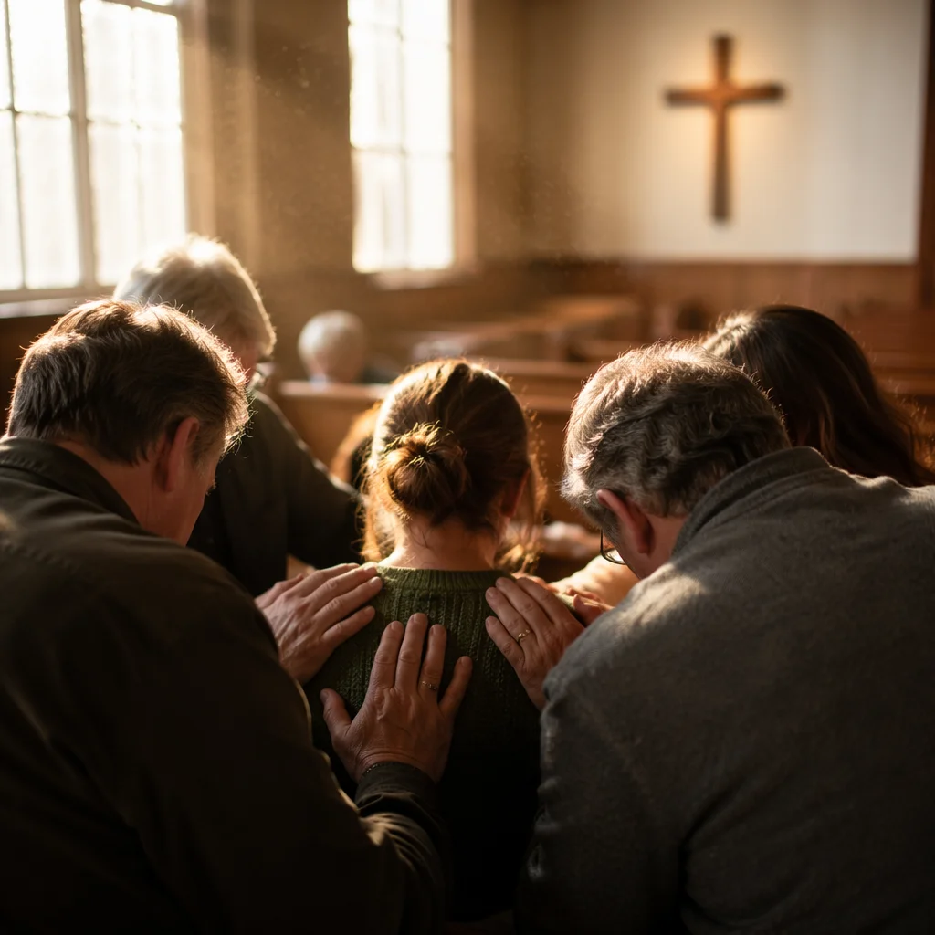 Laying Hands Prayer in Wooden Church Hall