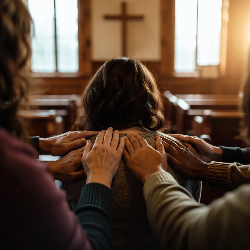 Laying Hands Prayer in Wooden Chapel