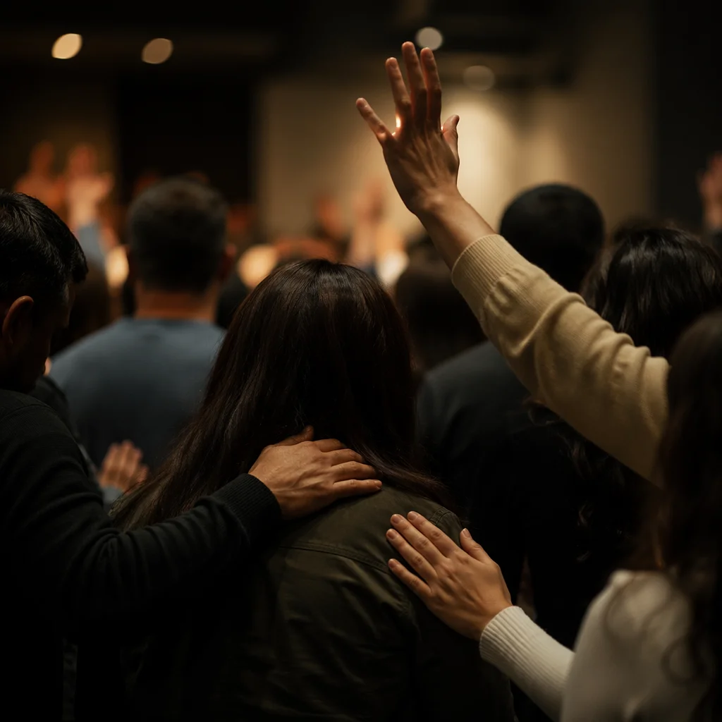 Laying Hands Prayer in Warm Church Gathering