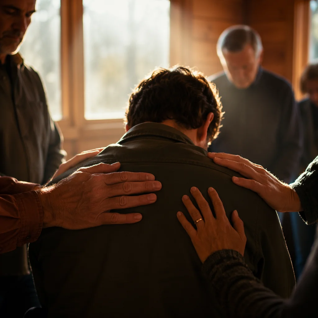Laying Hands Prayer in Wooden Chapel