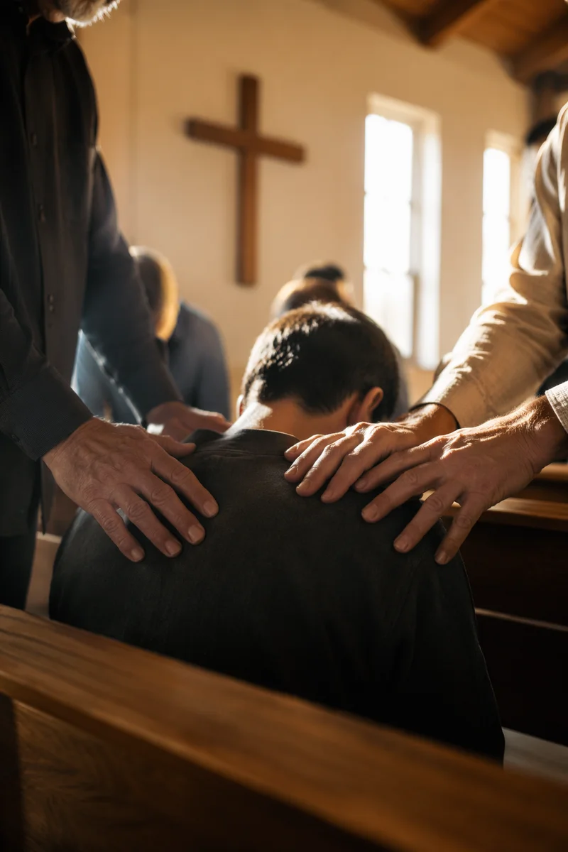 Laying Hands Prayer in Wooden Chapel
