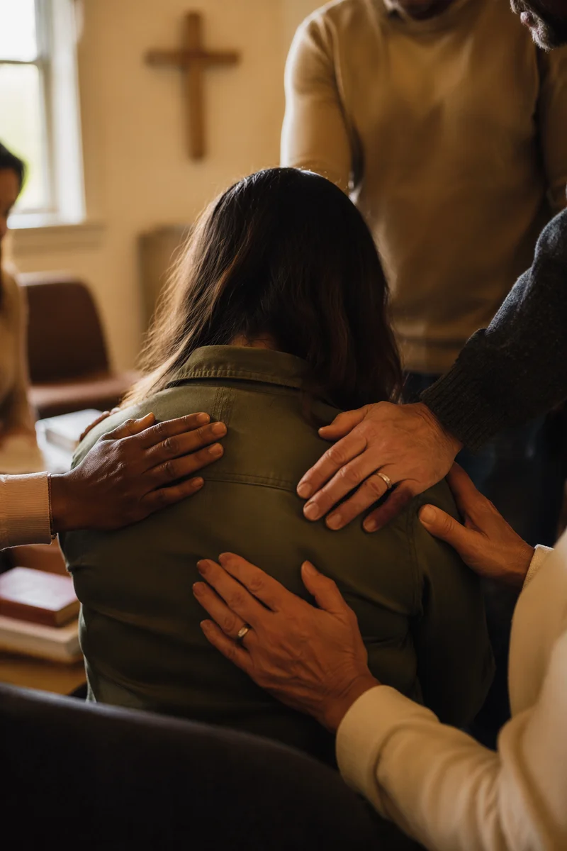 Laying Hands Prayer in Church Fellowship Room