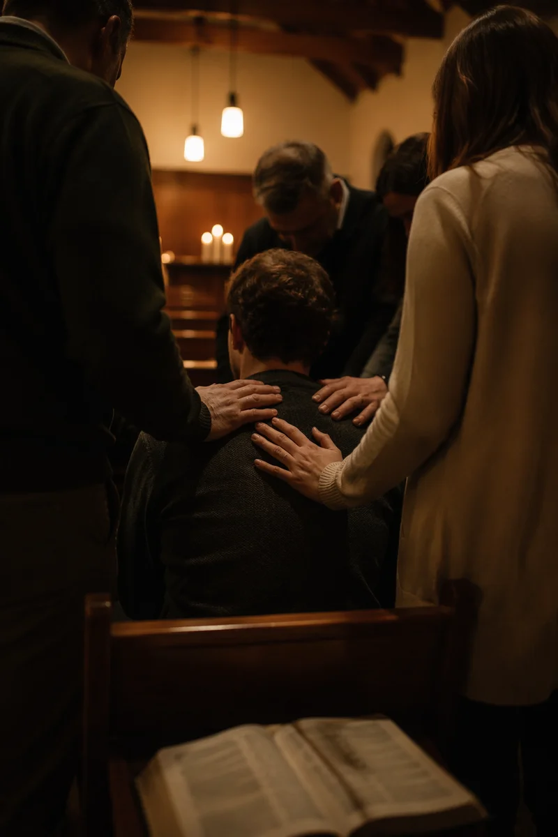 Laying Hands Prayer in Wooden Church Hall