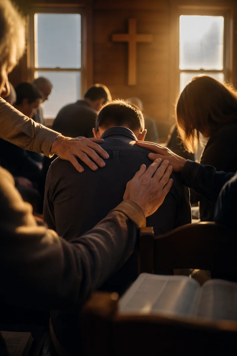 Laying Hands Prayer in Wooden Chapel