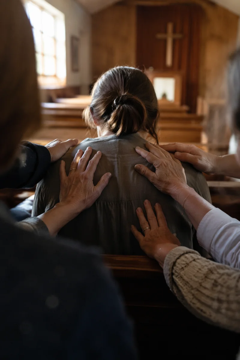 Laying Hands Prayer in Wooden Chapel