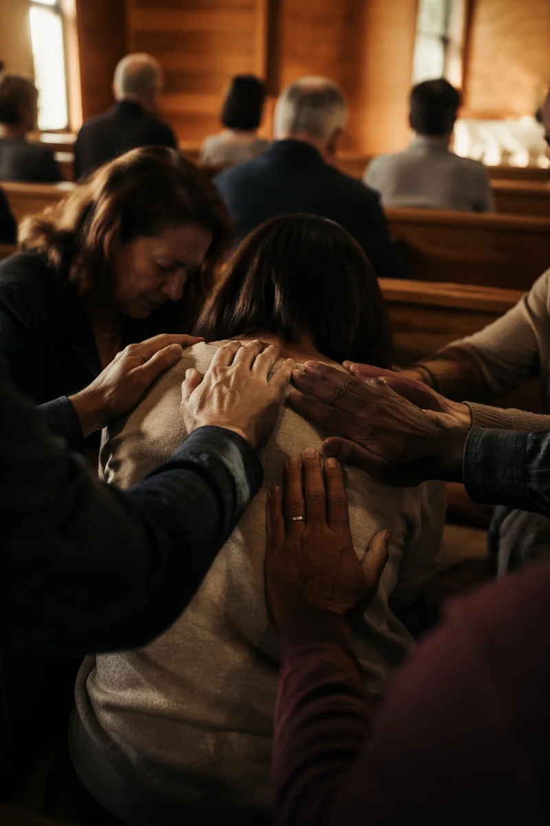 Laying Hands Prayer in Wooden Chapel