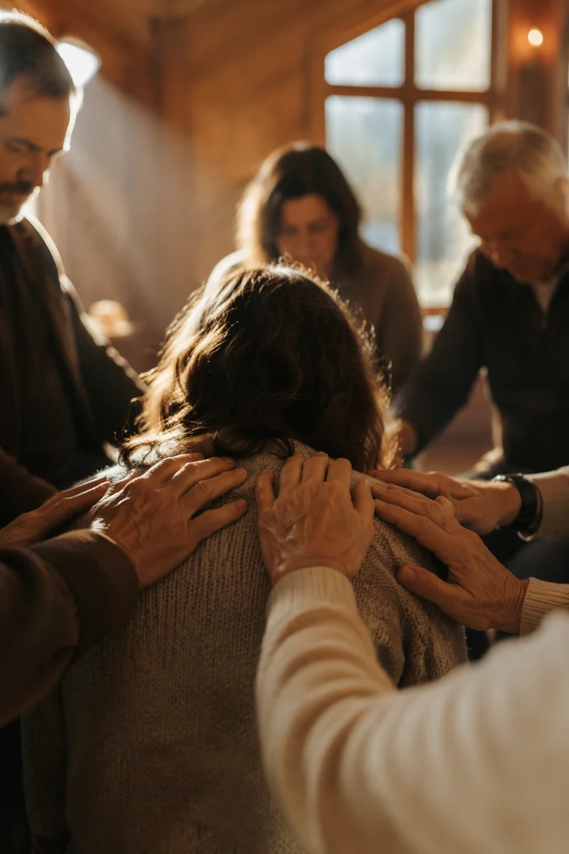 Laying Hands Prayer in Wooden Chapel