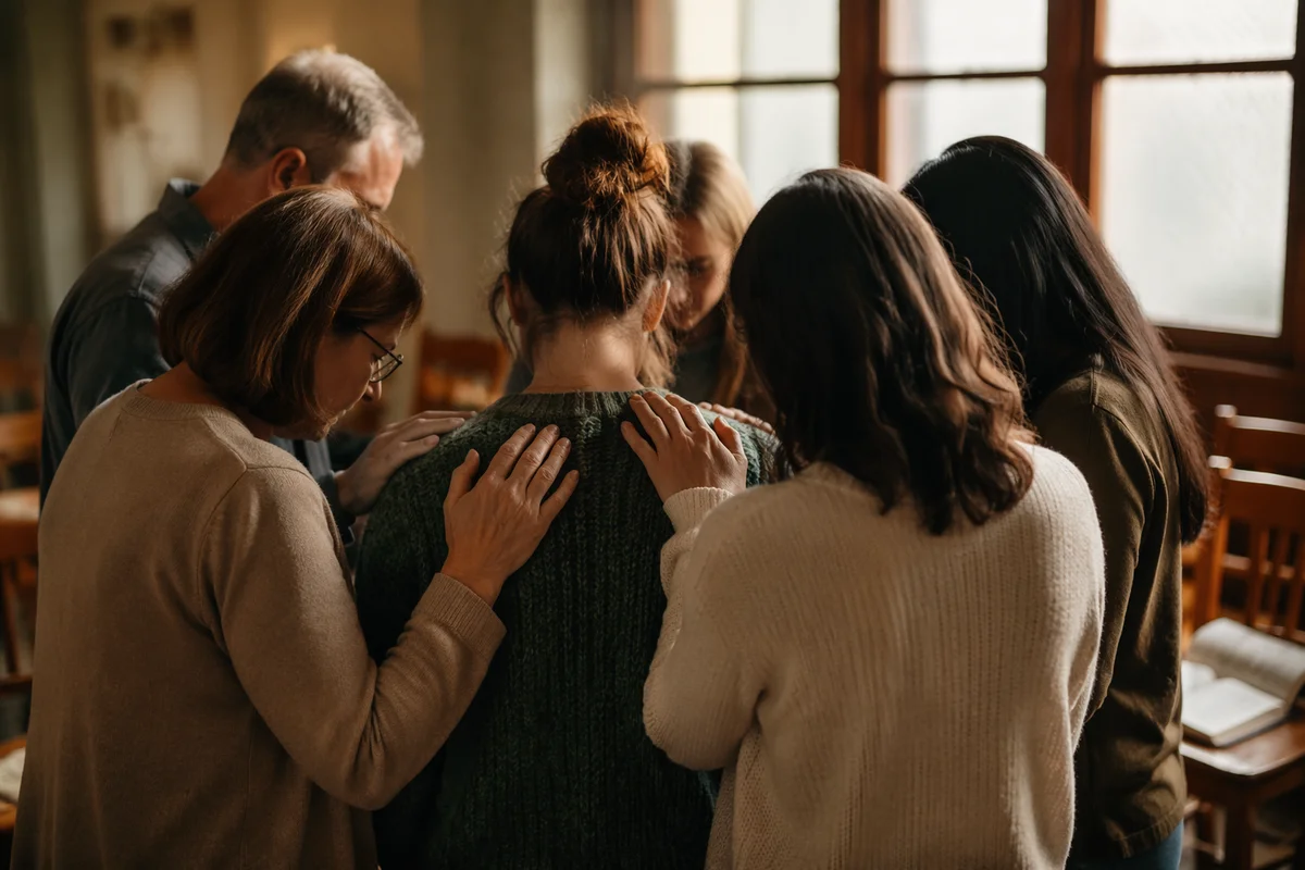 Laying Hands Prayer in Church Room