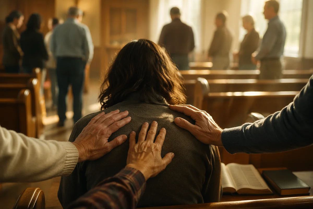 Laying Hands Prayer in Wooden Chapel
