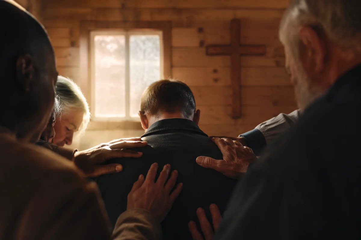 Laying Hands Prayer in Wooden Chapel