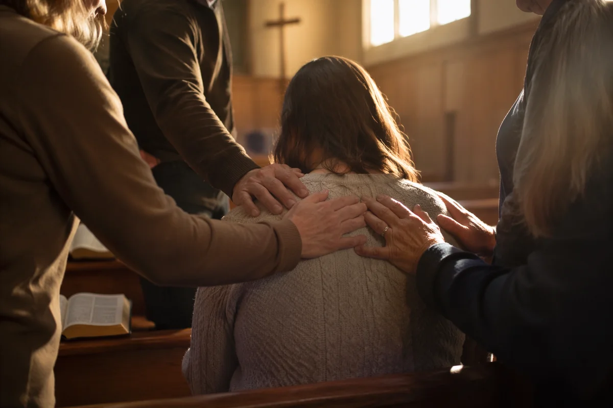 Laying Hands Prayer in Wooden Chapel