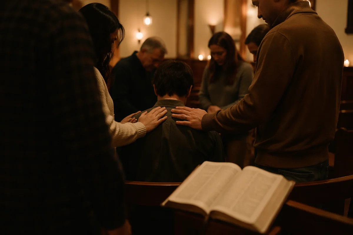 Laying Hands Prayer in Warm Church Hall