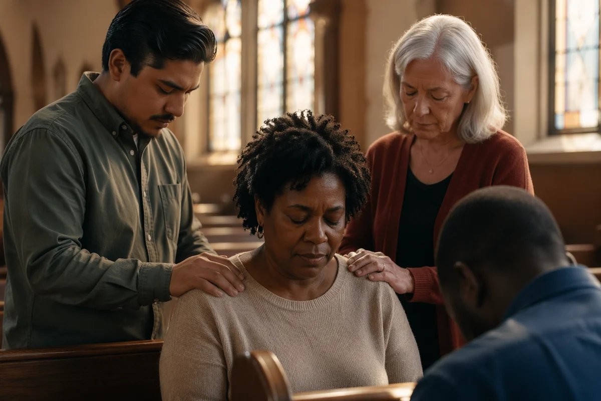 Congregants Praying in Sunlit Church Pew