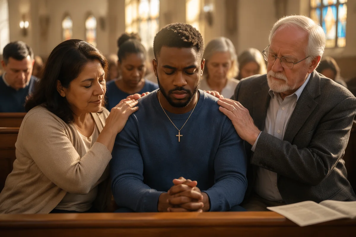 Group Prayer in Softly Lit Chapel