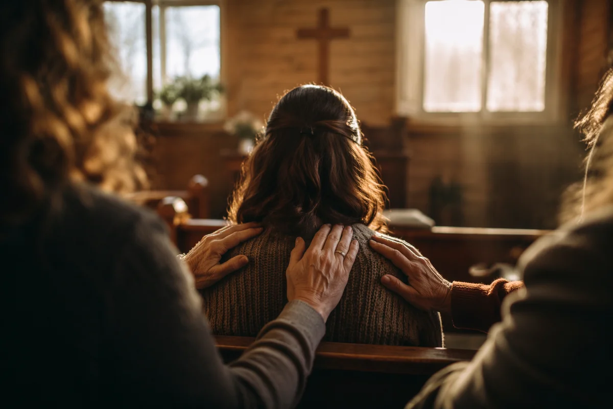 Laying Hands Prayer in Wooden Chapel